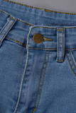 Pantalones cortos de mezclilla de talla grande de color sólido tipo A de cintura alta sueltos con flecos de retazos de calle azul