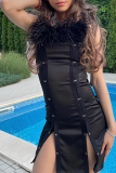 ブラック セクシー パッチワーク フェザー スパゲッティ ストラップ ペンシル スカート ドレス
