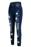 Middelblauwe casual jeans met gescheurde patchwork en hoge taille met straatprint