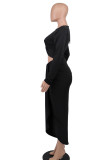 Vestidos de saia única com decote em O preto sexy liso vazado patchwork assimétrico