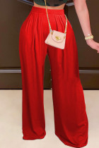 Rote, lässige, einfarbige Patchwork-Hose mit hoher Taille, herkömmliche einfarbige Unterteile