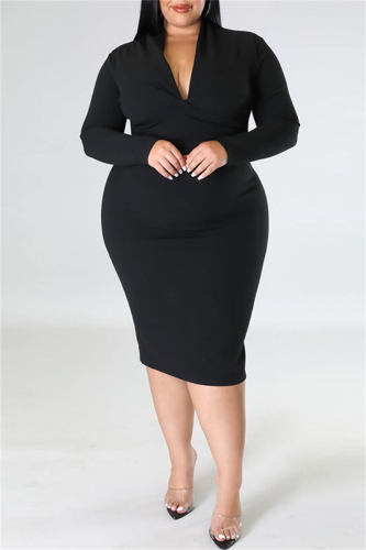 Black Casual Solid Patchwork V Neck Long Sleeve Plus Size Dresses