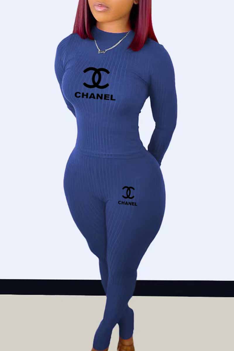 

Blue Casual Print Letter O Neck Long Sleeve Two Pieces