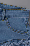 Shorts jeans azul Street borla sólida patchwork babados soltos cintura alta tipo A cor sólida plus size