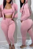 Pink Casual Solid Patchwork Hooded Collar Long Sleeve Three Pieces Bra Tops Jackets And Skinny Pants Sets