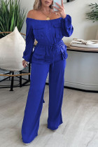 Blue Casual Solid Patchwork Pocket Fold Off the Shoulder Straight Jumpsuits