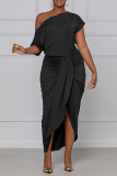 Zwarte straat effen patchwork jurken met één schouder taille rok