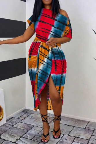 Red Yellow Casual Print Patchwork Asymmetrical Oblique Collar Irregular Dress Dresses