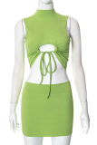 Green Sexy Solid Hollowed Out Turtleneck Sleeveless Two Pieces