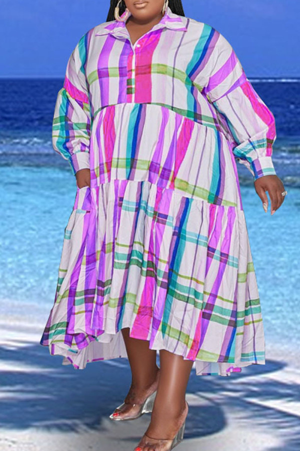 Paarse casual print patchwork turndown kraag A-lijn grote maten jurken