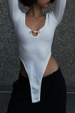 White Sexy Solid Hollowed Out U Neck Skinny Bodysuits
