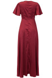 Vestidos retos finos elegantes vermelhos com fenda e decote em V