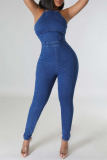 Royal Blue Sexy Casual Solid Backless Cross Bandjes Spaghetti Band Skinny Jumpsuits