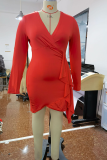 Red Street Solid Bandage V Neck Pencil Skirt Plus Size Dresses