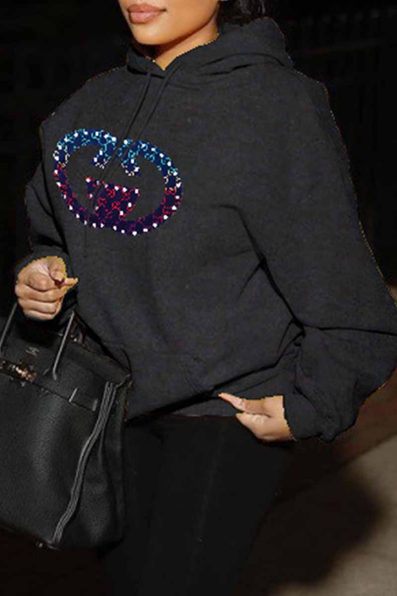 

Black Casual Print Letter Hooded Collar Tops