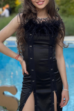 Черные сексуальные лоскутные перья юбка-карандаш на тонких бретельках платья