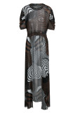 イエローファッションプリントパッチワークスリットアシンメトリーOネックAラインプラスサイズのドレス