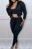 Black Casual Solid Patchwork Hooded Collar Long Sleeve Three Pieces Bra Tops Jackets And Skinny Pants Sets