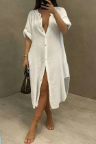 White Casual Solid Buckle V Neck Straight Dresses