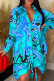 パープル カジュアル プリント パッチワーク 小帯バックル ターンダウン カラー シャツドレス ドレス
