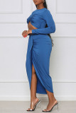 Синие сексуальные сплошные выдолбленные лоскутные асимметричные платья с круглым вырезом и юбкой в ​​один шаг