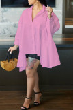 Розовое повседневное однотонное асимметричное платье-рубашка в стиле пэчворк с отложным воротником