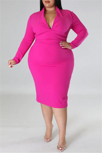 Rose Red Casual Solid Patchwork V Neck Long Sleeve Plus Size Dresses