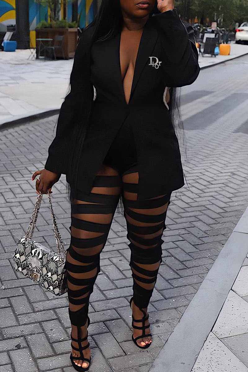 

Black Elegant Letter Ripped Turn-back Collar Long Sleeve Two Pieces