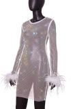 White Sexy Patchwork Hollowed Out See-through Feathers O Neck Long Sleeve Dresses