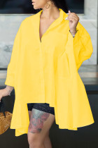 Желтое повседневное однотонное асимметричное платье-рубашка в стиле пэчворк с отложным воротником