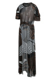 Кофейный модный принт в стиле пэчворк с асимметричным вырезом и круглым вырезом, платья больших размеров