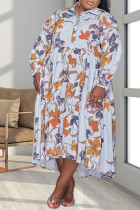 Orange Casual Print Patchwork Turndown Collar A Line Plus Size Dresses