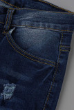 Dark Blue Casual Street Print Ripped Patchwork High Waist Denim Jeans