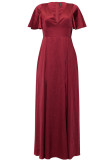 Vestidos retos finos elegantes vermelhos com fenda e decote em V