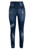 Средне-синие повседневные джинсовые джинсы с высокой талией и рваными лоскутными принтами с уличным принтом