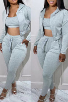Grey Casual Solid Patchwork Hooded Collar Long Sleeve Three Pieces Bra Tops Jackets And Skinny Pants Sets