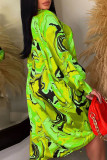 パープル カジュアル プリント パッチワーク 小帯バックル ターンダウン カラー シャツドレス ドレス