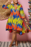 Mehrfarbiges, modisches, lässiges Patchwork-Hemdkleid mit Umlegekragen