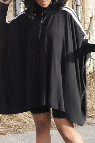 Black Casual Striped Patchwork Zipper Collar Long Sleeve Dresses
