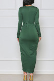 Зеленые сексуальные сплошные выдолбленные лоскутные асимметричные платья с круглым вырезом и юбкой в ​​один шаг