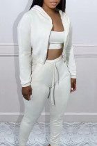 White Casual Solid Patchwork Hooded Collar Long Sleeve Three Pieces Bra Tops Jackets And Skinny Pants Sets