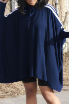 Marineblaue, lässige, gestreifte Patchwork-Kleider mit Reißverschlusskragen und langen Ärmeln