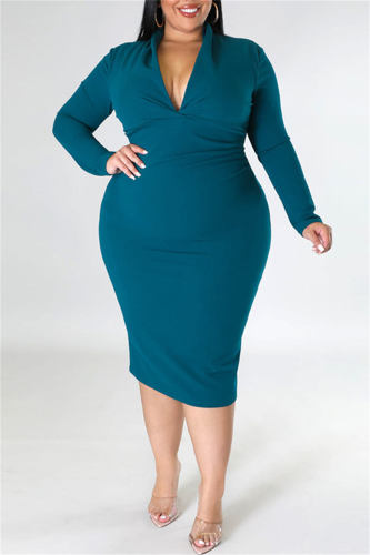 Green Casual Solid Patchwork V Neck Long Sleeve Plus Size Dresses