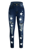 Средне-синие повседневные джинсовые джинсы с высокой талией и рваными лоскутными принтами с уличным принтом