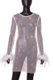 White Sexy Patchwork Hollowed Out See-through Feathers O Neck Long Sleeve Dresses