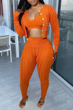 Orange Casual Solid Patchwork Buckle Long Sleeve Three Pieces