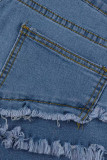 Blue Street Solid Tofs Patchwork Volang Lös Hög midja Typ A Enfärgad Plus Size jeansshorts