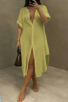 Yellow Casual Solid Buckle V Neck Straight Dresses