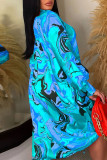 Голубой повседневный принт Пэчворк Уздечка Пряжка Платье-рубашка с отложным воротником Платья Платья