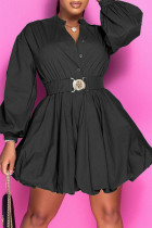 Zwarte mode casual effen patchwork gesp vouw mandarijn kraag A-lijn jurken